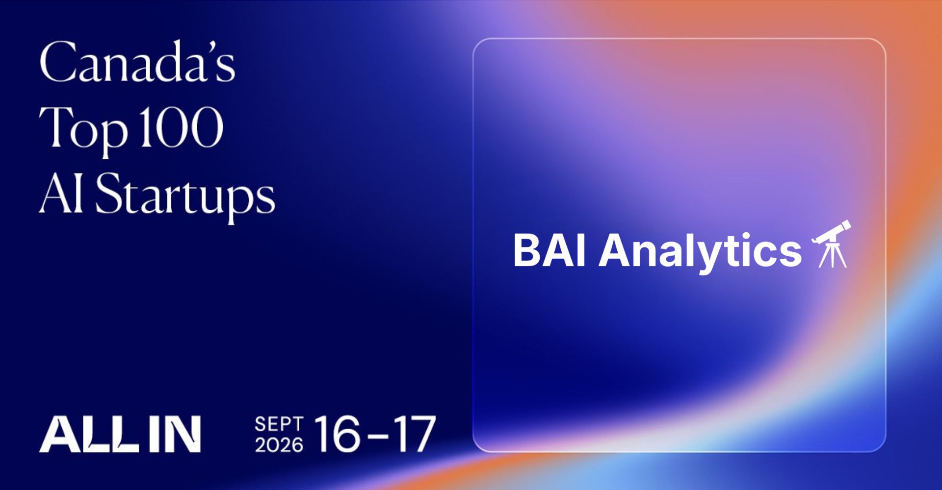 ALL IN card naming BAI Analytics in Canada's Top 100 AI Startups